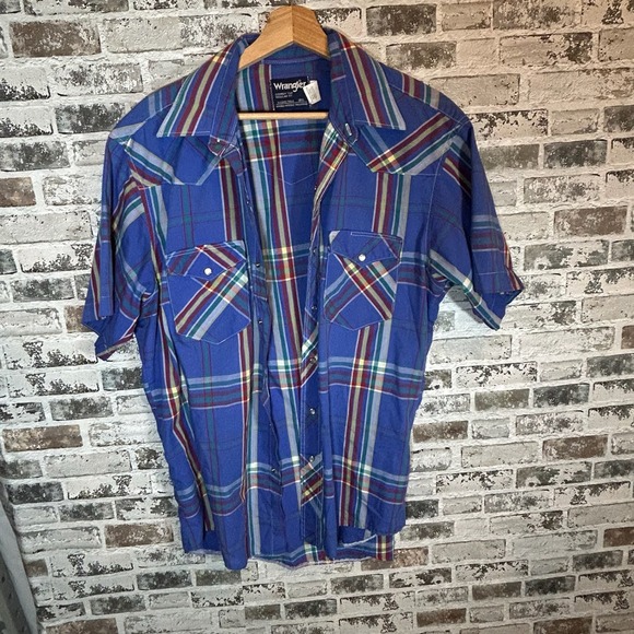Wrangler Other - Wrangler Cowboy Cut Mens Blue Plaid Western Pearl Snap Short Sleeve Shirt 16.5 L